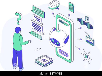 Konzept des isometrischen Line Chat Bots. Moderne persönliche Assistentin, Beratung, Zeitmanager, Psychologe. KI-Technologien für kommunizierte, raffinierte Vektoren Stock Vektor