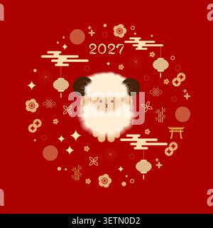 Chinesisches Neujahr 2027, Jahr der Ziege, Schaf. Chinesische Neujahrsbanner-Vorlage mit einem Widder und traditionellen Mustern. Minimalistischer Stil. Vektor Stock Vektor