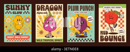 Y2K groovige tropische Früchte Poster mit funky Charakteren von Apfel und Pflaume, Comic Vektor. Y2K Retro-Poster mit groovigen pitaya-Drachenfrüchten und Hippie-Melone mit lustigem Gesicht und guten Vibe-Zitaten Stock Vektor