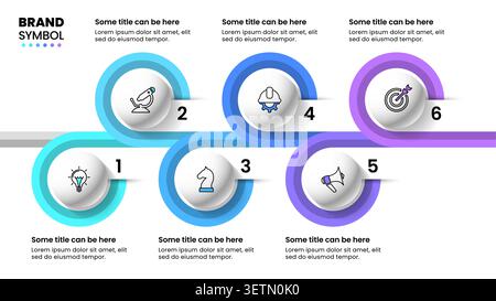 Infografikvorlage mit Symbolen und 6 Optionen oder Schritten. Horizontale Linie. Kann für Workflow-Layout, Diagramm, Banner und Webdesign verwendet werden. Vektor illustrat Stock Vektor