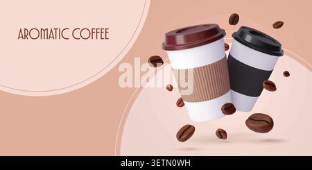 3d Kaffeepapierbecher und Bohnen, Take-away Drink Mockup. Realistische Tassen aus weißem 3D-Karton mit heißem Americano, Espresso und süßen Latte-Getränken. Einweg-Kaffeetassen mit Plastikdeckeln und fliegenden Bohnen Stock Vektor