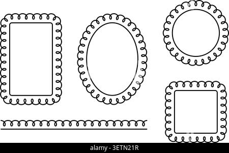 Vintage-Rahmen mit Muschelrand und Rüschenrändern und Schleifenschlaufen. Dekorative Spitzenmuster für Fotoetiketten, Aufkleber, Tags. Gewelltes Retro-Design in verschiedenen Formen. Stock Vektor