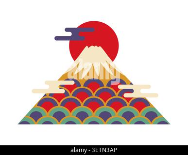 Traditionelles japanisches Symbol des Fuji mit großer roter aufgehender Sonne und stilisierten Wolken. Festliches geometrisches Bergdesign mit farbenfrohem Seigaiha-Wellenmuster für asiatische Weihnachtsgrußkarten Stock Vektor