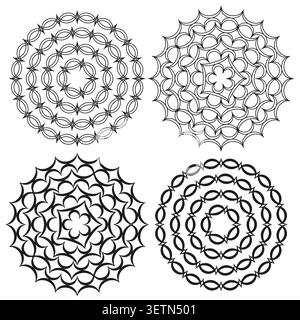 Satz von vier geometrischen Mandala Ornamenten Vektor. Die Grafik unterstützt das Ausmalen von Seiten mit spirituellem Branding und dekorativen Drucken. EPS 10. Stock Vektor