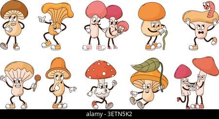 Groovige Pilzfiguren. Lustige Retro-Pilze tanzen, singen, rennen, verliebt und mit der Familie. Cartoon Herbstwald Maskottchen, neoterische Vektor-Set Stock Vektor