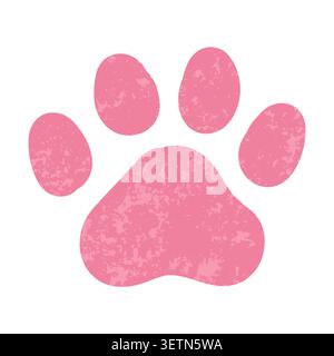 Katzenpfoten-Druck, Grunge-Stil in rosa Farben, isoliert auf weißem Hintergrund. Katze- oder Hundefoten-Symbol, rauer, strukturierter Stil. Haustiersymbol Stock Vektor