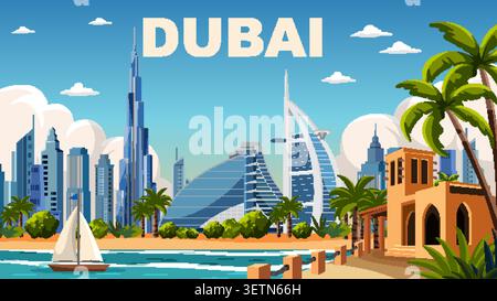Lebendige flache Vektorillustration von Dubai Wahrzeichen, Küstenlandschaft und traditioneller Architektur unter blauem Himmel Stock Vektor
