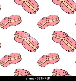 Handgezeichnetes rosafarbenes Makronen-Muster. Bäckerei süßes Dessert, Doodle Macaron Sandwich Muster auf weißem Hintergrund. Vintage Makkaroni Textur, süßes Gebäck B Stock Vektor