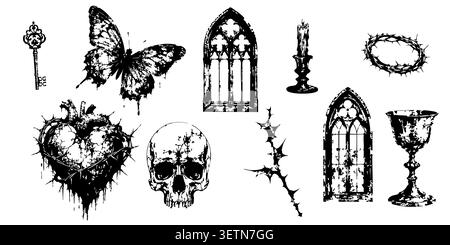 Gotisches Symbol-Set mit Totenkopf Schmetterling Schlüsselfenstern Kerzenkelch Herz- und Dornelemente für Poster Aufkleber Branding und Tattoo-Designs Stock Vektor