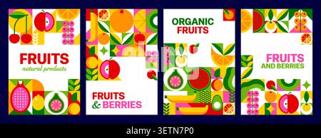Mosaikposter mit tropischen Früchten und Beeren mit geometrischem Muster. Natürliche Produkte und Lebensmittelfliesen mit auffälligen Farbblöcken und abstrakten Formen. Retro moderne frische Bio-Produkte, Sommer gesunde Ernährung Stock Vektor