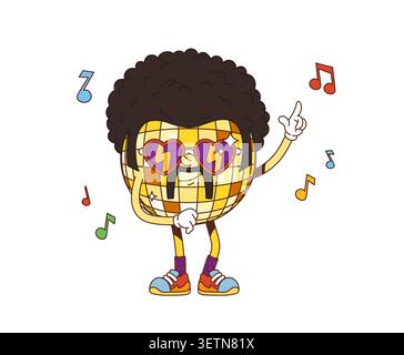 Tanzende Disco-Ball-Cartoon-groovige, entzückende Figur. Fröhlich grooviges Maskottchen, glücklicher isolierter Vektor-Charakter. Disco Ball lustige Persönlichkeit mit Afro-Haarschnitt und Schnurrbart, Melodiedoten Stock Vektor