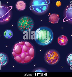 Weltraumplaneten nahtlos. Die Vektor-Illustration zeigt farbenfrohe Fantasy-Planeten, die im tiefen Raum mit leuchtenden Kugeln, Sternen und kosmischen Elementen schweben Stock Vektor
