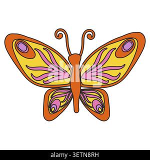 Orangefarbener Schmetterling im Cartoon-Stil mit schwarzer Umrandung. Vektorillustration auf weißem Hintergrund isoliert. Stock Vektor