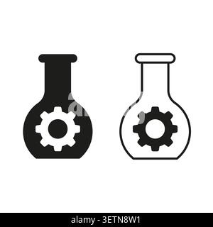 Laborkolben mit internem Zahnradsymbol-Vektor. Symbole stehen für biotechnische Forschung und Entwicklung oder technologische Einstellungen. EPS 10. Stock Vektor