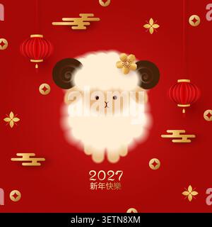 Chinesisches Neujahr 2027, Jahr der Ziege, Schaf. Chinesisches Neujahrsbanner mit Widder, Münzen, Laternen und Blumen. Minimalistischer Stil. Ve Stock Vektor