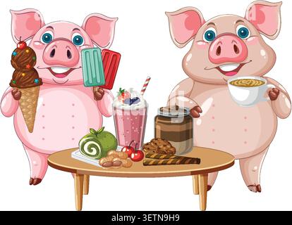 Vektor-Illustration von zwei rosa Schweinen, die Eis und Kaffee mit verschiedenen Tischdesserts halten Stock Vektor