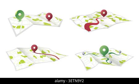 Set aus 4 Stadtlayouts in Papierform mit Positionsstiften und Routen. Papiereffekt mit Parks, Bereichen und Standortsymbolen. 3D-Illustration des perspektivischen Vektors Stock Vektor