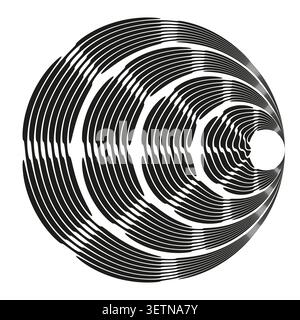 Kreisförmige OP-Art-Grafik mit verzerrtem Wellenlinienvektor. Grafik unterstützt Technologie-Branding- und Datenvisualisierungsprojekte. EPS 10. Stock Vektor