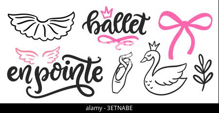 Ballett-Vektor-Set mit Zitatbuchstaben, Kritzeleien Stock Vektor