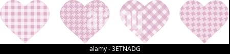 Set aus niedlichen rosafarbenen Herzformen aus Papier oder Textil mit kariertem Gingham-, Hahnentritt- und pepita-Mustern. Vorlagen für Valentinskarten oder Stoffaufnäher. Illustration der Vektorabwicklung. Stock Vektor