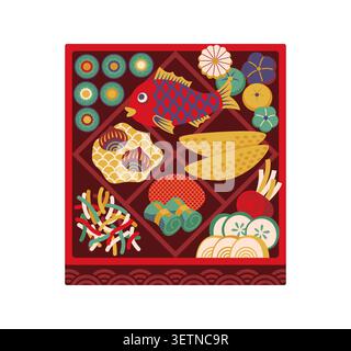 Traditionelles japanisches Neujahrs-Osechi-Ryori-Essensboxen-Symbol. Festliches bento-Arrangement mit Fisch, gerolltem Omelett, Eicheln und Brötchen für asiatische Weihnachtsgrüße und Banner für kulinarische Veranstaltungen Stock Vektor