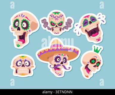 Zuckerschädel. Vektor-Illustration zeigt bunte Day of the Dead Schädel Aufkleber mit lustigen Ausdrücken Hüte Kronen und festliche dekorative Details Stock Vektor