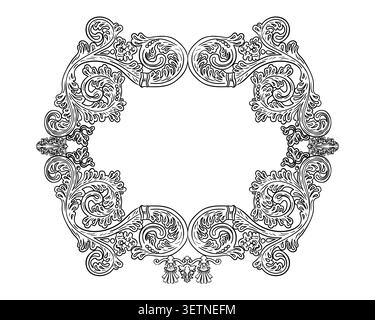 Barockes Designelement mit floralem Handzeichnungsrahmen. Graviertes horizontales Vintage-Ornament. Isolierte monochrome Vektorillustration, weißer Hintergrund. Für Stock Vektor