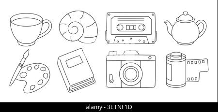 Retro Hobby Lifestyle Schmuck Kuration Lifestyle Hobbys Element Linie Kunst Illustration Set. Stock Vektor