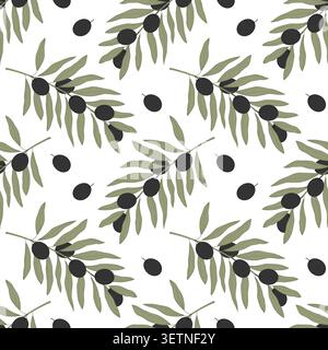 Nahtloses botanisches Muster mit sich wiederholenden Olivenzweigen mit langen gedeckten grünen Blättern und ovalen dunklen Früchten auf sauberem weißem Hintergrund. Minimalistisches flaches Design in trendigen, gedeckten Tönen Olivenzweige Stock Vektor