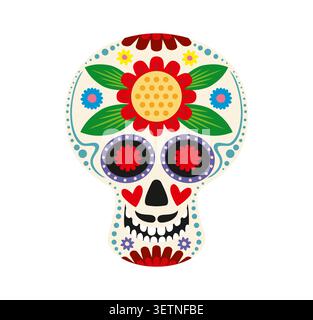 Mexikanischer Calavera Zucker Schädel, Tag der Toten Festival Calavera Zucker Schädel. Dia de los Muertos Feiertagssymbol. Menschliches Mariachi-Cranium mit traditionellen Blumen und Blumenmuster Stock Vektor