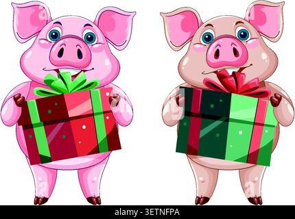 Zwei lächelnde rosa Schweine halten große gewickelte Geschenke in dieser flachen Vektorfigur Illustration Stock Vektor