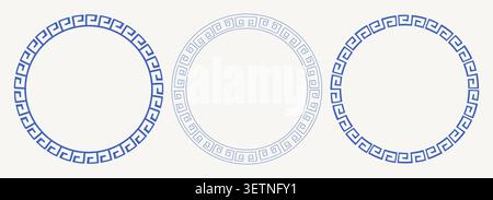 Griechische Schlüsselkreisrahmen und -Rahmen gesetzt. Handgezeichnetes Vintage-Buntstift-Ornament kritzeln. Wiederholtes geometrisches Motiv. Dekorative, antike Mäander. Elegante, isolierte blaue Ränder. . Vektorabbildung Stock Vektor