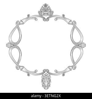 Symmetrischer barocker handgezeichneter Rahmen, kunstvolles Designelement. Filigrane Damastkunst im Vintage-Stil, Hochzeitsrollengravur im Retro-Stil. Vektorabbildung. Fo Stock Vektor