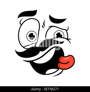 Schrulliges, fröhliches Gesicht mit Schnurrbart. Comic-Emoji lächelt mit roter Zunge. Comic-Charakter freche Emotionen und lustige Ausdrücke für Avatare und lustige Chat-Kommunikation Stock Vektor