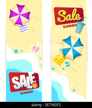 Sommer Sale Banner Vektor Illustration. Sonderangebot mit Sonnenschild. Blick von oben auf den Hintergrund der Strandwellen im Sommer. Blau und orange. Vektor Stock Vektor