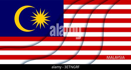 Malaysische Papierfahne, im august 31 Unabhängigkeitstag nationaler Feiertag Papierfahne. Übereinander fließende malaysische Flagge mit Mondsichel und 14-Punkt-Stern über roten weißen Streifen, die die Einheit feiern Stock Vektor
