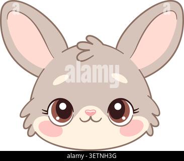 Niedlicher Hase Hasenkopf mit großen Augen und flauschigen Wangen. Hand gezeichnete flache Art isolierte Vektorillustration. Für Aufkleber, Einladungen, Plakate, Kinderbekleidung, Kindergartendekoration, Grußkarten. Stock Vektor