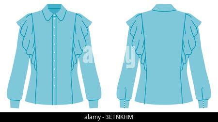 Blau geschnittenes Hemd mit mehrlagigen Rüschenärmeln, langen Ärmeln und Knopfverschluss vorne mit strukturierten Nähten. Technische Mode Illustration in flacher Farbe, Vorder- und Rückansicht, Bekleidungsdesign. Vektor Stock Vektor