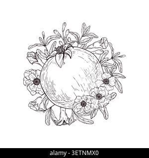 Granatapfel umgeben von Blumen und Blättern in dekorativer Komposition Vektor isolierte Illustration. Handgezeichnete Obstgrafik für das Design von Lebensmitteln Stock Vektor