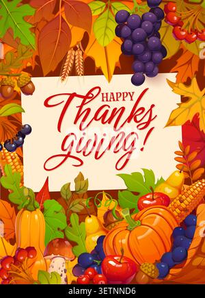Happy Thanksgiving Day Banner. Thanksgiving Saison Vektorbanner, Oktober Feiertagsgrußkarte. Herbstfeier-Flyer mit Blättern, Früchten und Beeren, Gemüseernte, handgeschriebener Typografie Stock Vektor