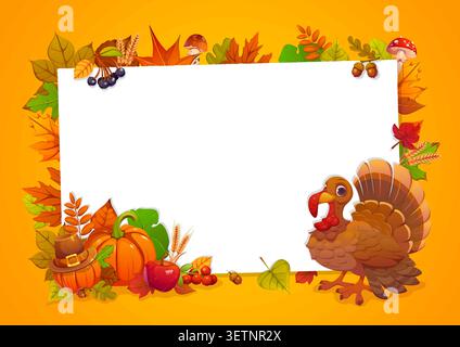Happy Thanksgiving Tag Feiertagsbanner mit lustigem truthahn, Herbsternte und Blättern, Beeren und Pilzen. Herbstfeier Vektor Flyer, Thanksgiving Feiertaggrußkarte. Erntebanner im Herbst Stock Vektor