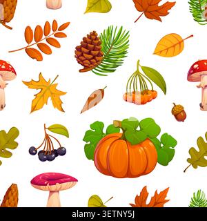 Nahtloses Muster aus Blättern, Pilzen, Beeren und Eicheln im Herbst. Verpackung Papier Vektor Hintergrund, nahtloser Druck. Wiederholtes Detailmuster mit Herbstkürbis, Pilzen, Baumbeeren und Blättern Stock Vektor