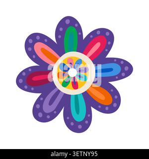 Mexikanische traditionelle abstrakte Blumendekoration mit roten und gelben Wellenblättern, lila Kreismuster. Mexikanische Volksstickerei, mexikanische Vektor-Blumenkunst. Hispanische Blumendekoration Stock Vektor