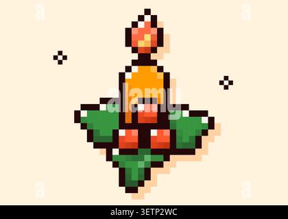 Pixel Art Weihnachtskerze mit stechpalme und Beere. Stock Vektor