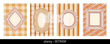 Vintage-Spitzenrahmen mit zartem Blumenmuster auf Gingham- oder Schottenmuster. Elegante Retro-Vektor-Borten mit Rüschen-Textur für Hochzeitskarten, romantische Einladungen in Herbstfarben Stock Vektor