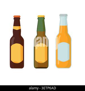 Eine Flasche Bier oder Limonade. Vektorabbildung. Ein Set aus Glasflaschen mit Kappen und Etiketten, isoliert auf weißem Hintergrund Stock Vektor