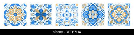 Mediterrane Fliesenmuster, blaue gelbe Vektorillustration auf weißem Hintergrund. Griechische Mosaike geometrische Elemente für nahtlose Rahmen, ornamentales Design, traditioneller italienischer, portugiesischer Stil Stock Vektor