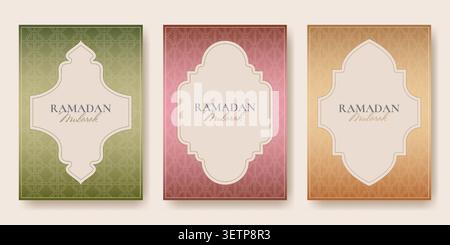Islamisches Eid Mubarak-Poster mit ornamentalem Bogenrahmen, goldfarbenem Arabesken-Muster. Vektor realistische Illustration der luxuriösen Grußkarte mit Moschee Silhouettenrand und goldenem orientalischem Ornament Stock Vektor