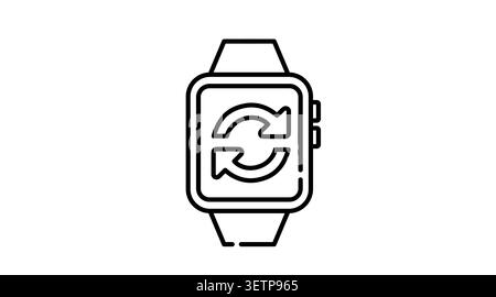 Symbol für Smartwatch-Aktualisierung und Datensynchronisierung: Tragbare Smart-Uhr mit kreisförmigen Nachladepfeilen auf dem Bildschirm, minimalistische schwarze Vektorgrafik Stock Vektor