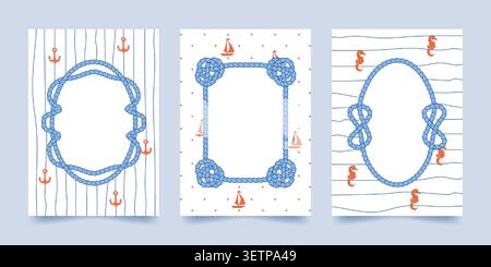 Maritime Seilrahmen mit vintage-nautischem Rand und blauem Hintergrund mit gepunktetem oder liniiertem Muster, Cartoon-Vektor-Poster. Ozean- oder Seekarten-Design mit Seemannsknoten, Segelboot, Anker und Seepferdchen Stock Vektor
